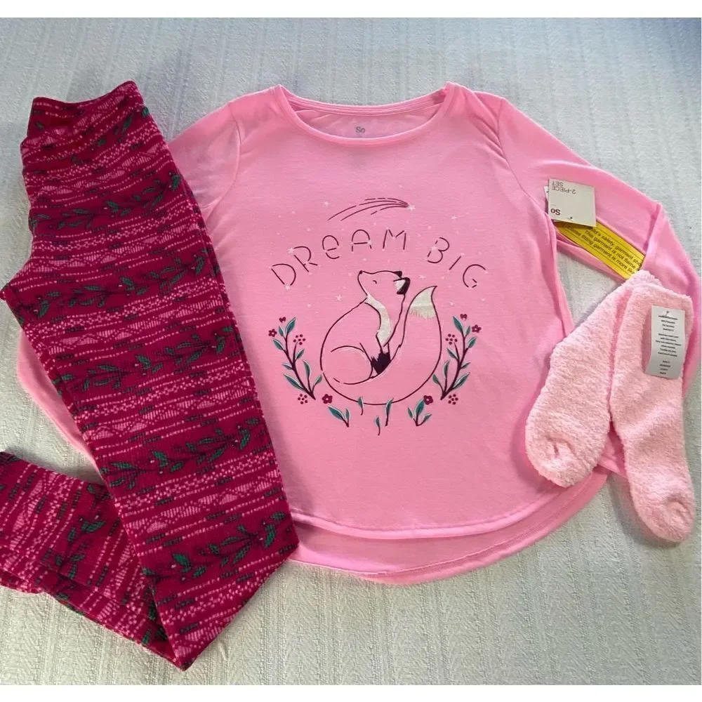 SO Girls SIZE 16 PINK FOX 3-Piece Tunic & Thermal Leggings Pajama Set with Sock